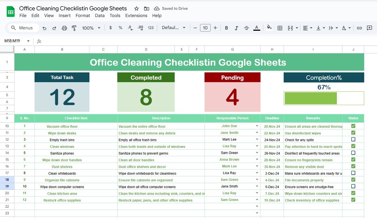 Office Cleaning Checklist in Google Sheets