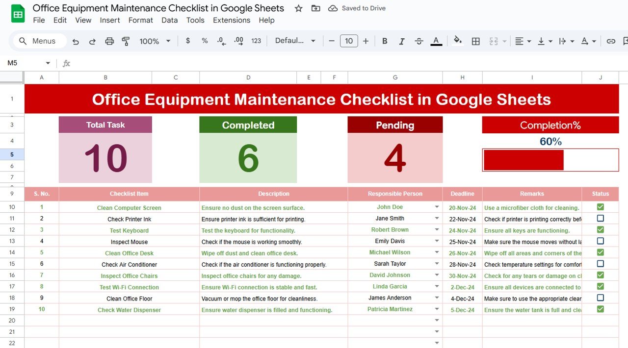 Office Equipment Maintenance Checklist in Google Sheets