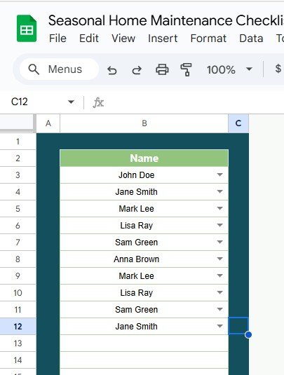 List Sheet Tab