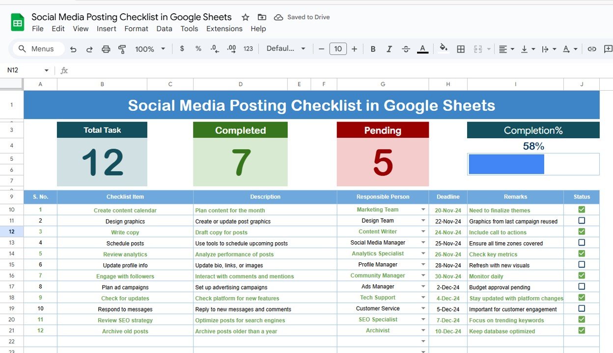 Social Media Posting Checklist in Google Sheets