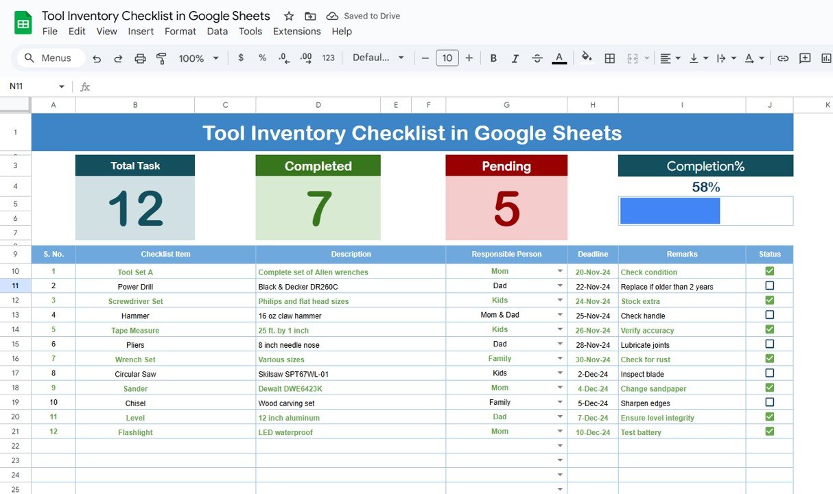 Tool Inventory Checklist in Google Sheets