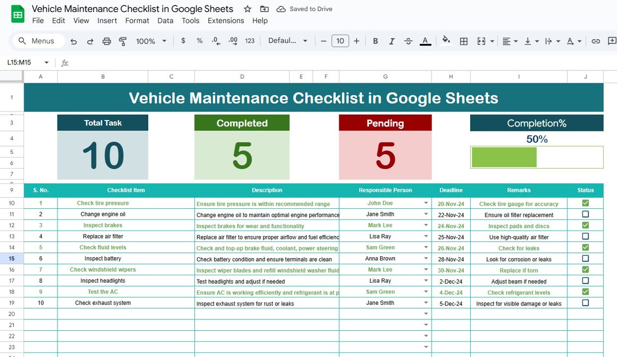 Vehicle Maintenance Checklist in Google Sheets