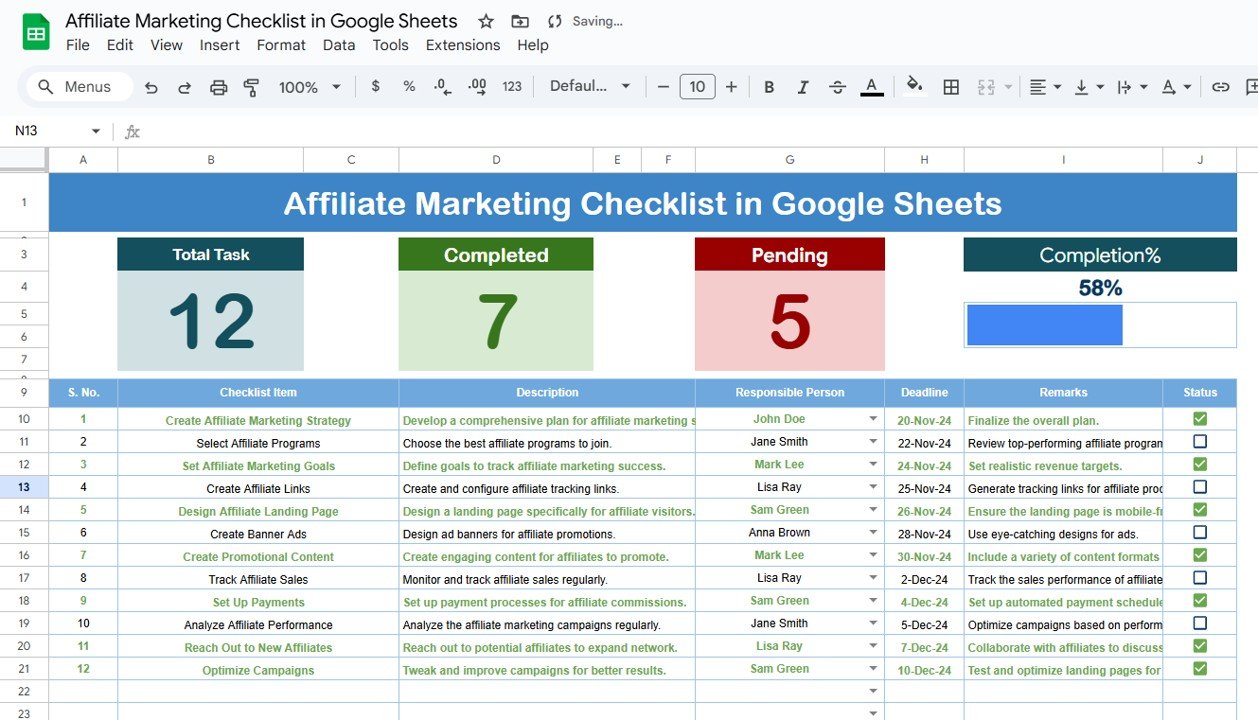 Affiliate Marketing Checklist in Google Sheets