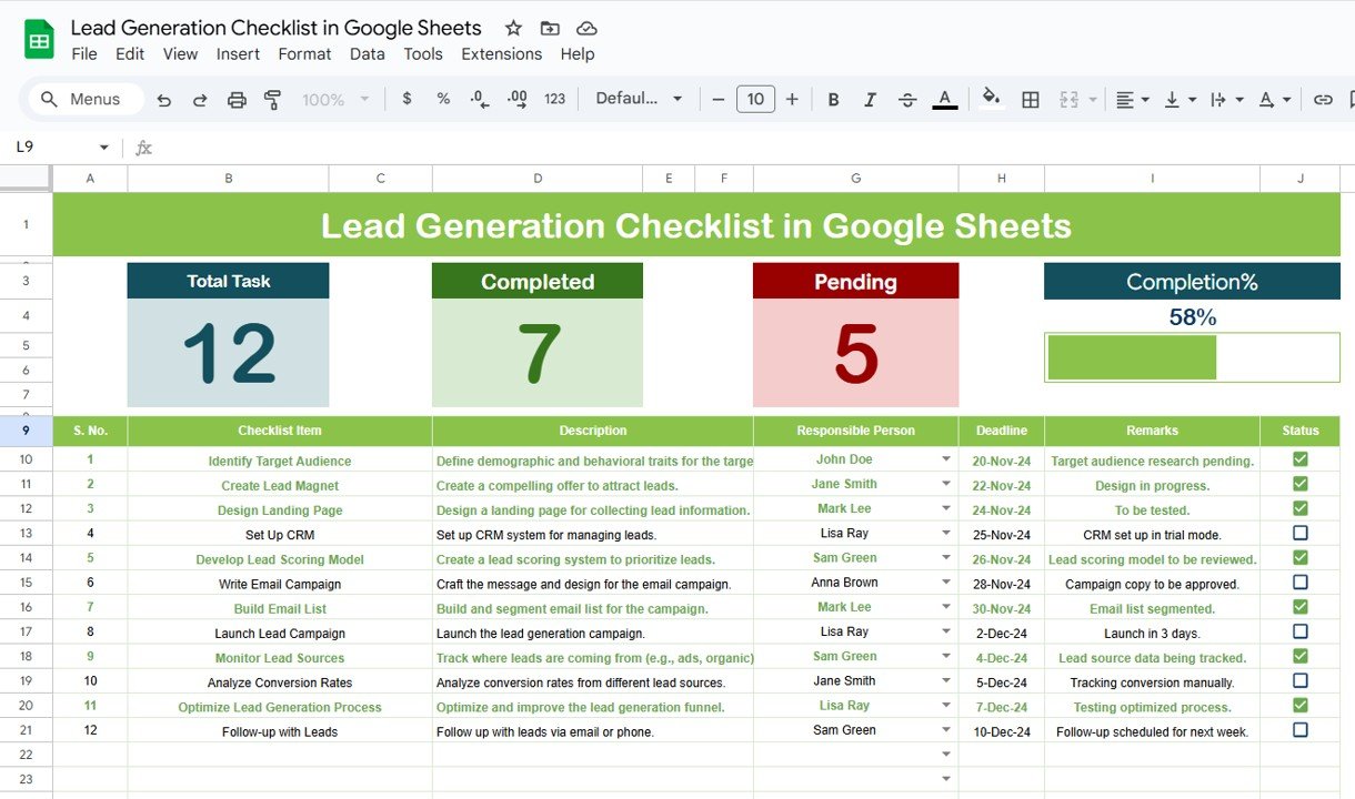 Lead Generation Checklist in Google Sheets