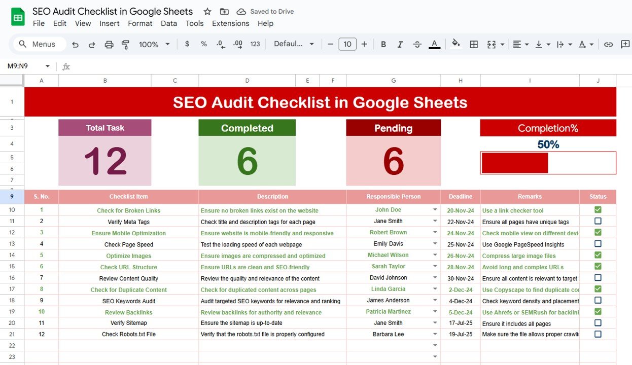 SEO Audit Checklist in Google Sheets
