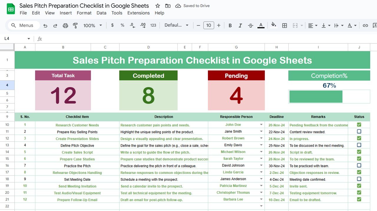 Sales Pitch Preparation Checklist in Google Sheets