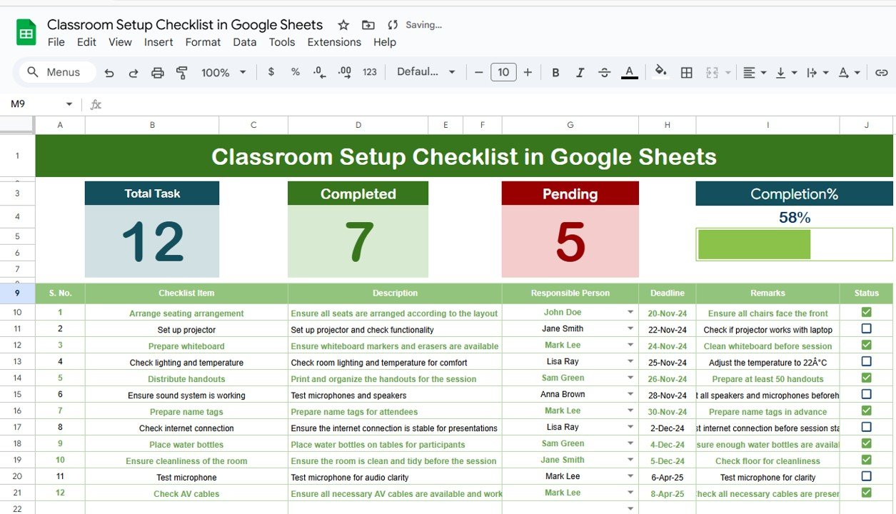 Classroom Setup Checklist in Google Sheets