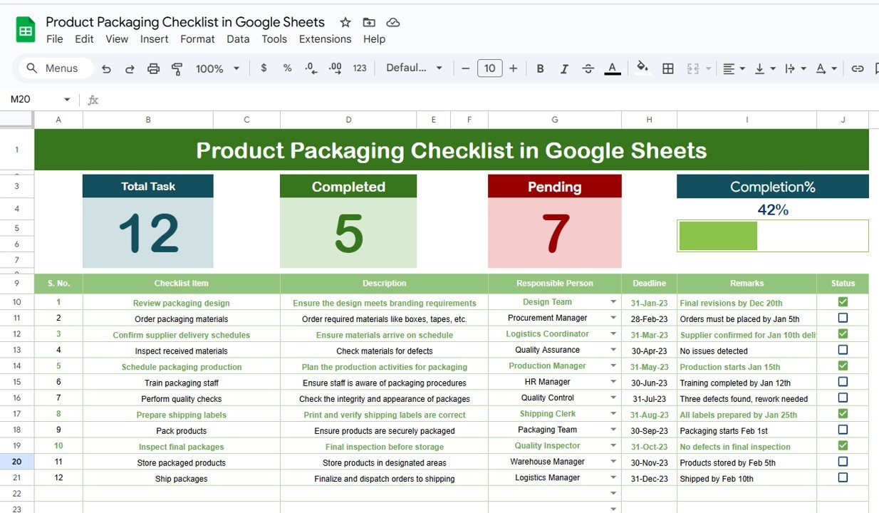 Product Packaging Checklist in Google Sheets