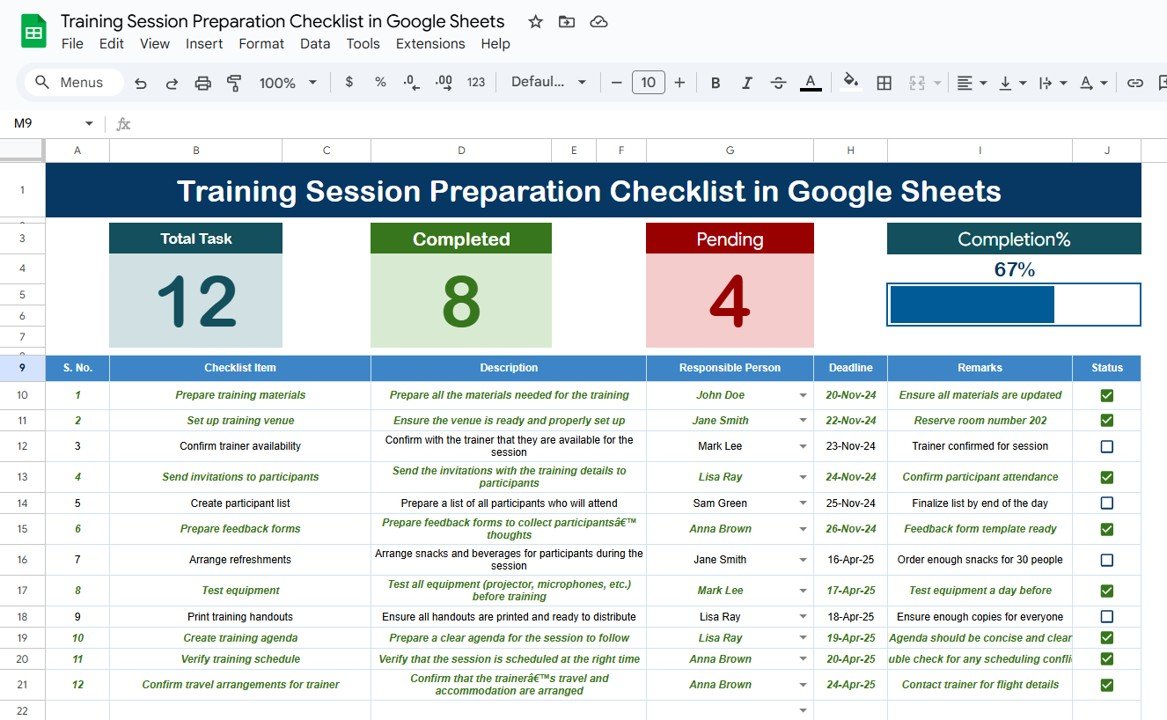 Training Session Preparation Checklist in Google Sheets