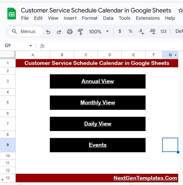Customer Service Schedule Calendar in Google Sheets