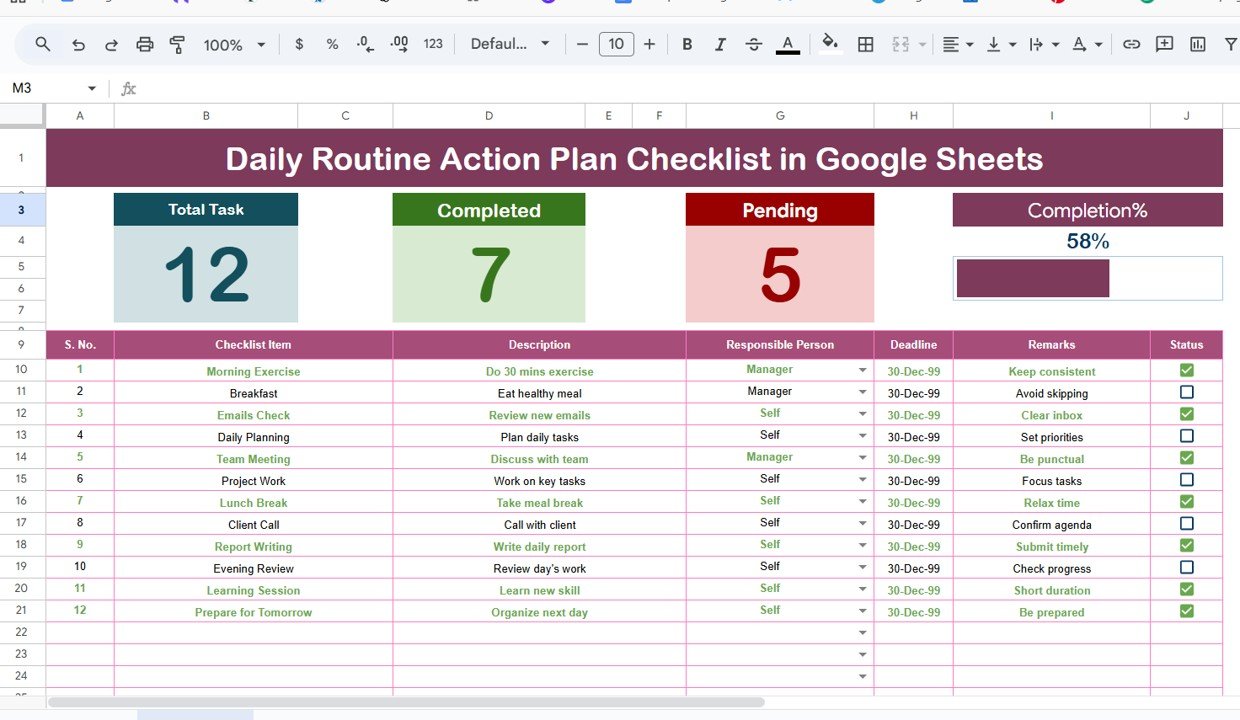 Daily Routine Action Plan Checklist in Google Sheets