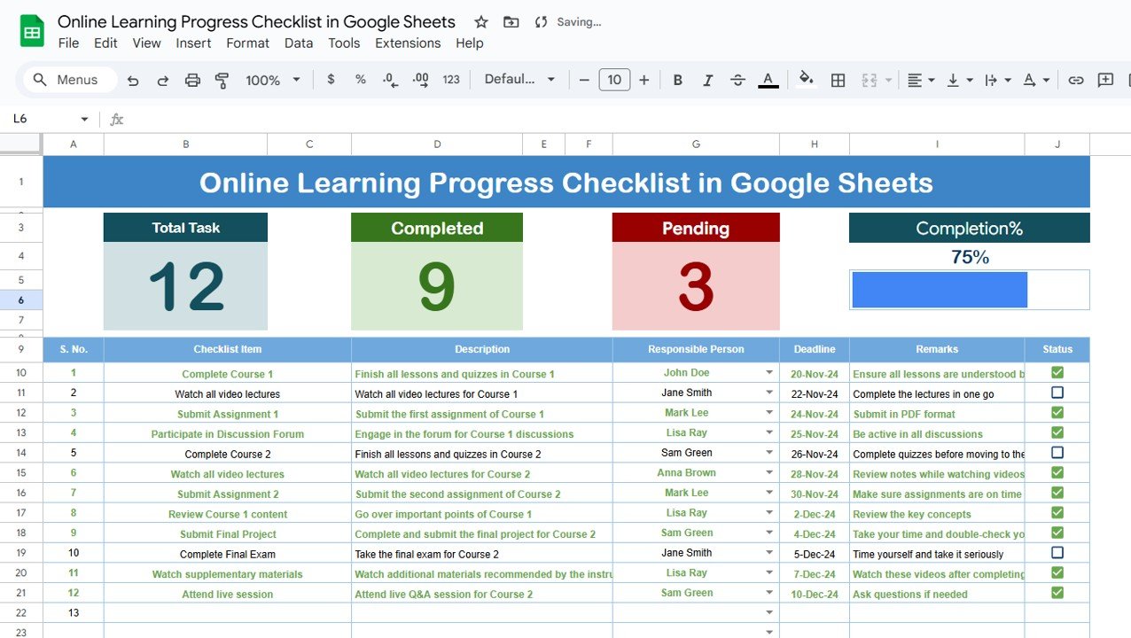 Online Learning Progress Checklist in Google Sheets