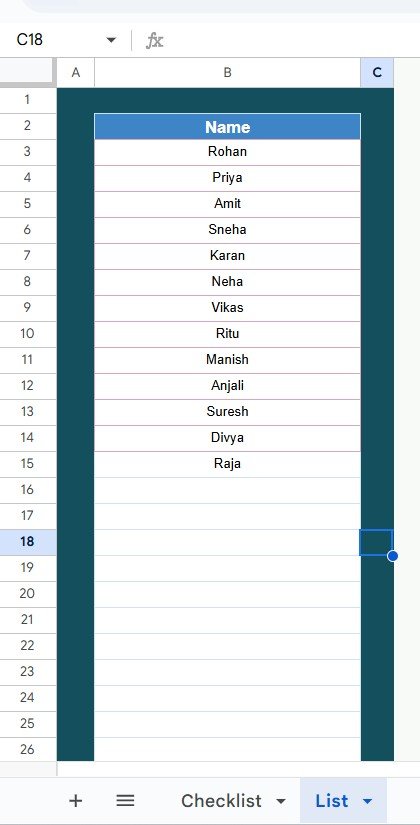 List Sheet Tab