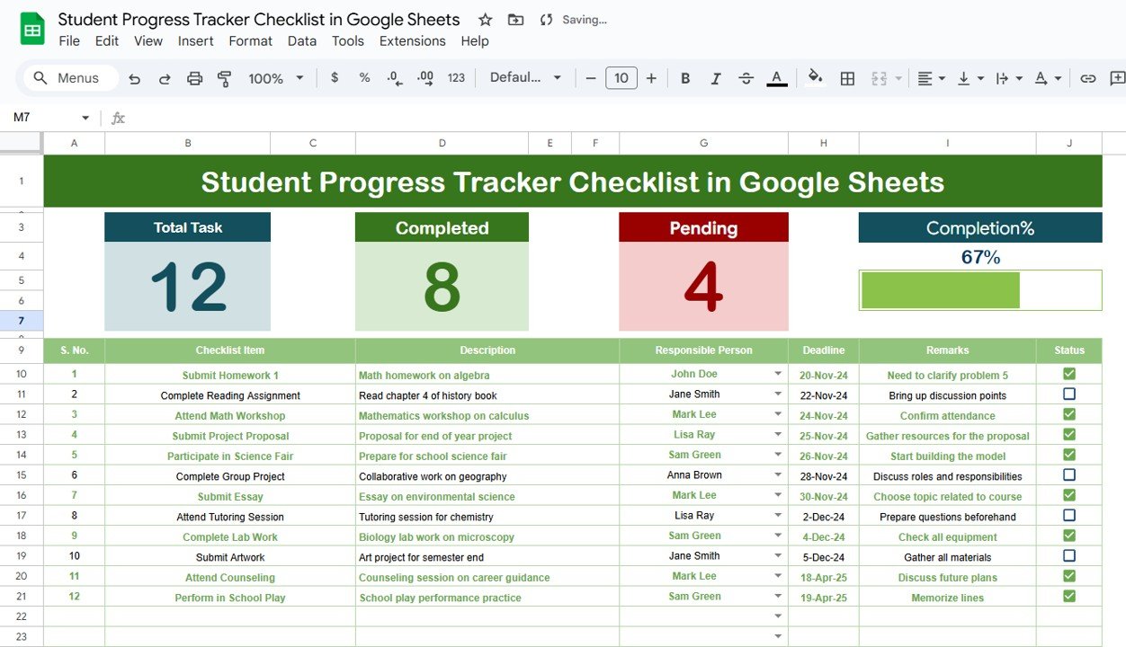 Student Progress Tracker Checklist in Google Sheets