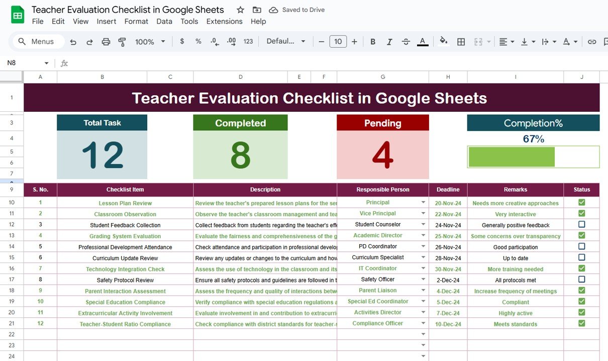 Teacher Evaluation Checklist in Google Sheets