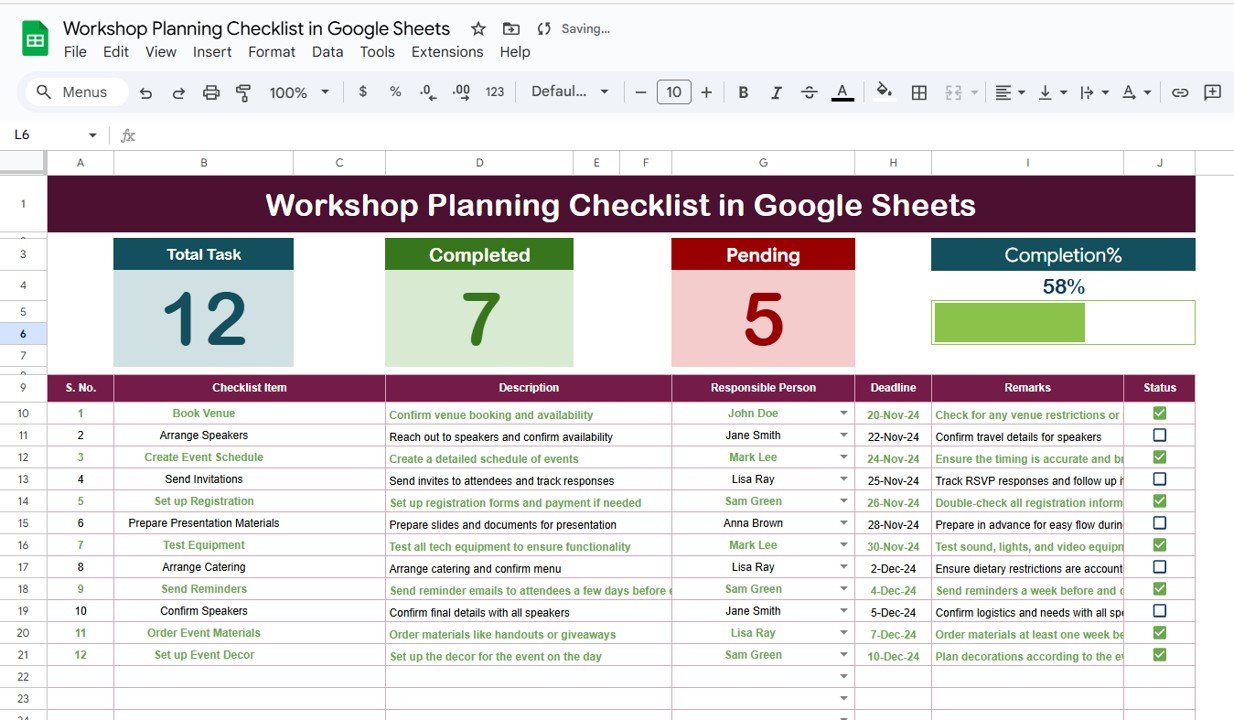 Workshop Planning Checklist in Google Sheets