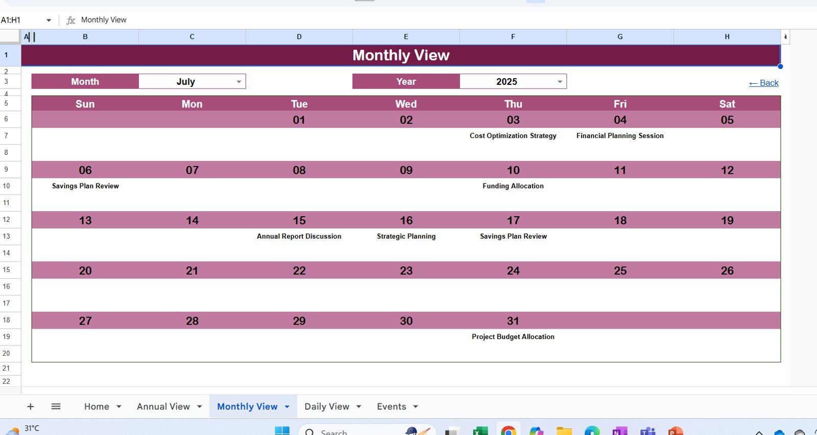 Monthly View Sheet Tab