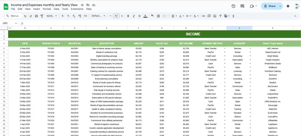 Income and Expenses Monthly and Yearly View in Google Sheets