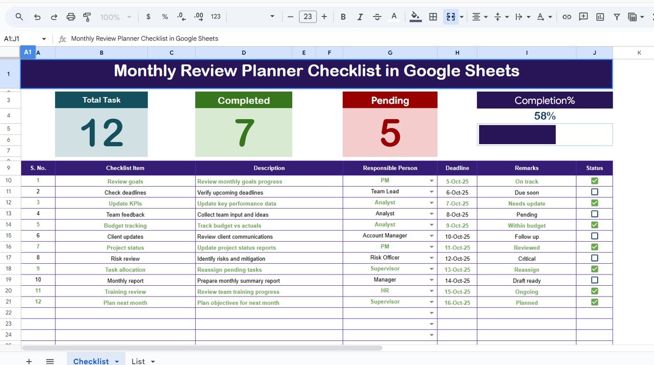 Monthly Review Planner Checklist in Google Sheets 