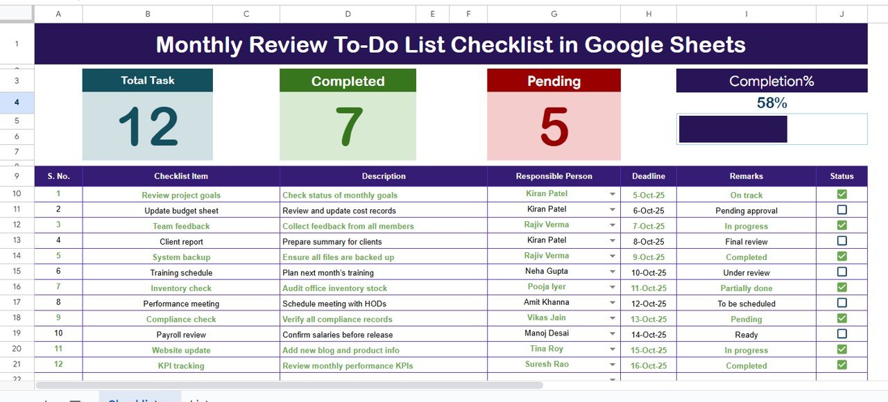 Monthly Review To-Do List Checklist in Google Sheets