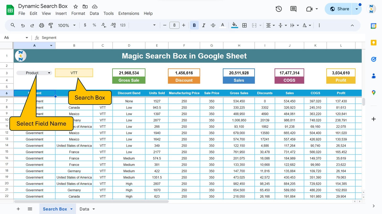 Magic Search box in Google Sheets