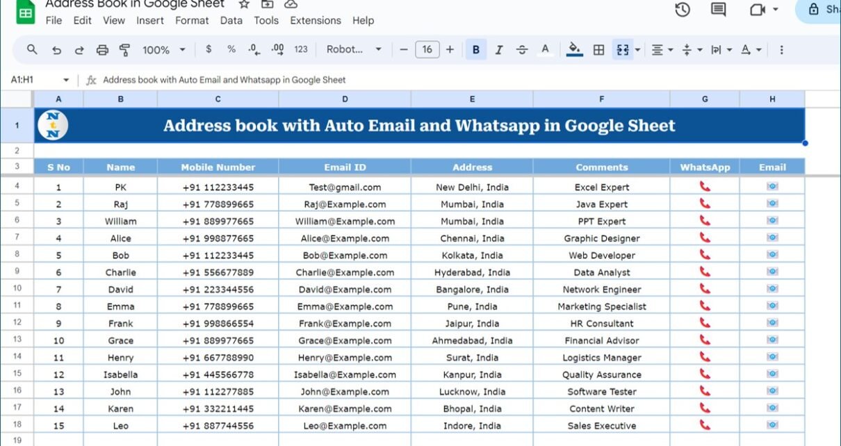 Auto WhatsApp and Email Functionality Address book in Google sheet