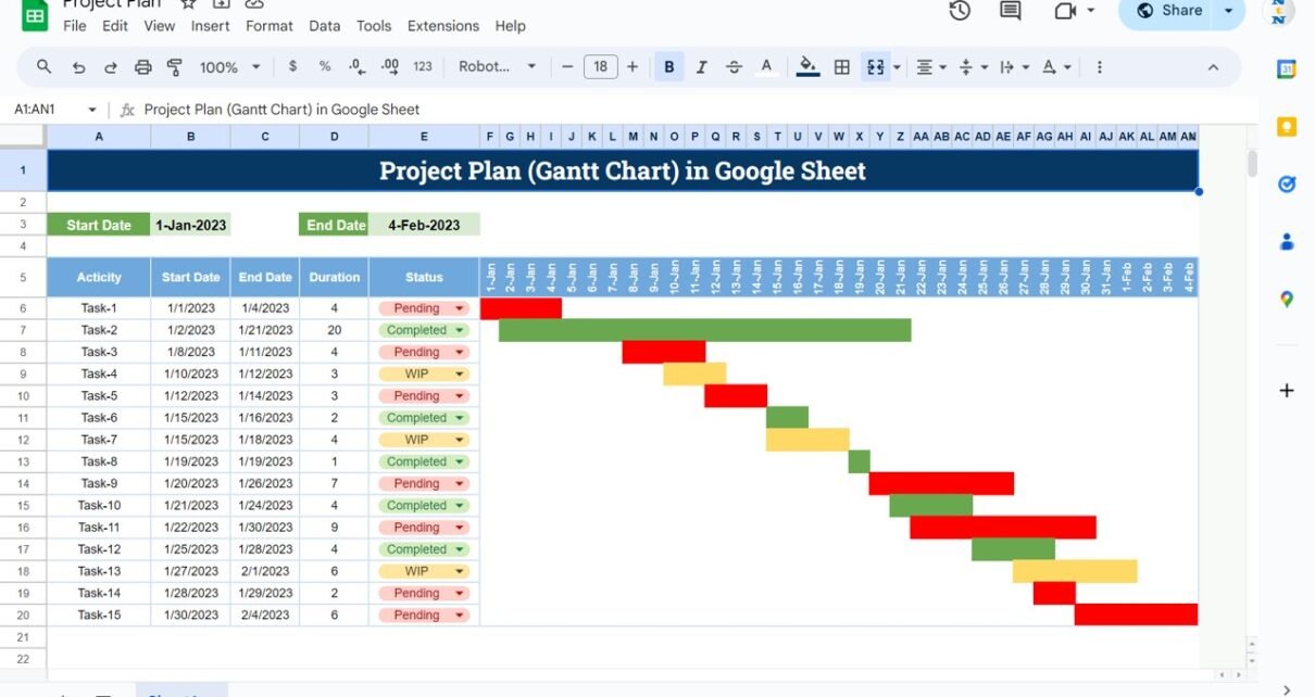 Project Plan (Gantt Chart) in Google Sheet