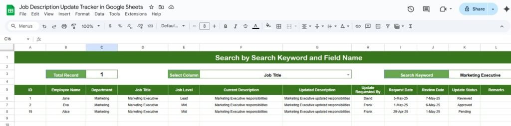 Job Description Update Tracker in Google Sheets - Neotech Navigators