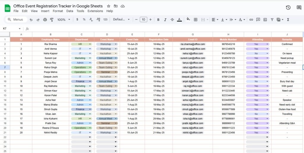 Office Event Registration Tracker in Google Sheets - Neotech Navigators