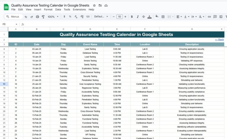 Quality Assurance Testing Calendar in Google Sheets - Neotech Navigators