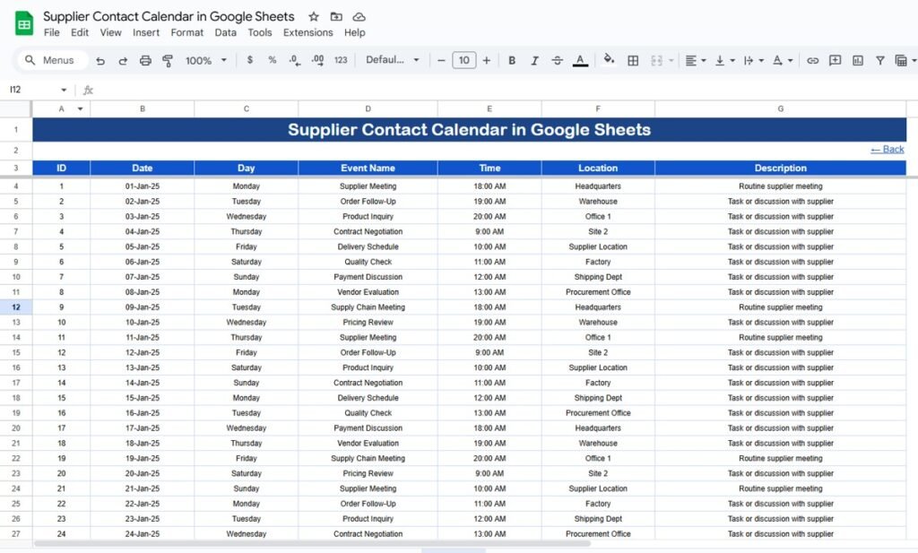 Supplier Contact Calendar in Google Sheets - Neotech Navigators