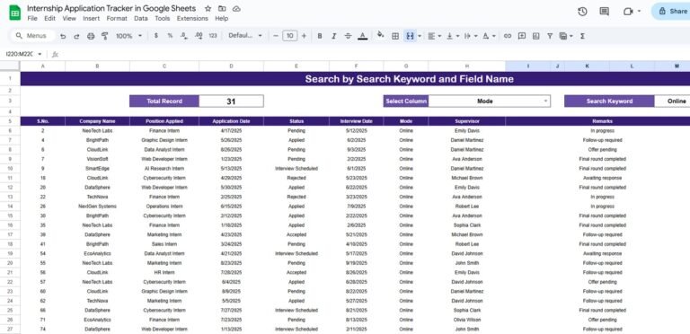 Internship Application Tracker in Google Sheets - Neotech Navigators