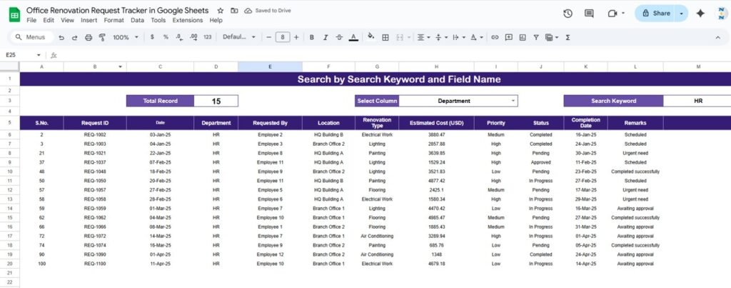 Office Renovation Request Tracker in Google Sheets - Neotech Navigators
