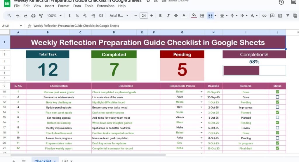 Weekly Reflection Preparation Guide Checklist in Google Sheets ...