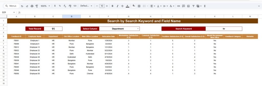 Office Relocation Feedback Tracker in Google Sheets - Neotech Navigators