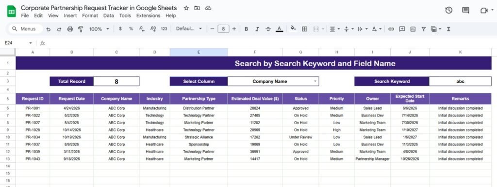 Corporate Partnership Request Tracker in Google Sheets - Neotech Navigators