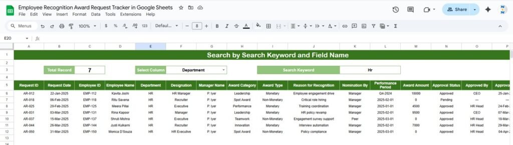Employee Recognition Award Request Tracker in Google Sheets - Neotech ...