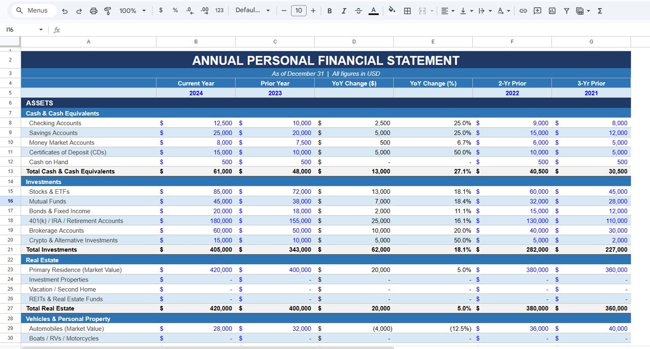 Annual Personal Financial Statement Template in Google Sheets