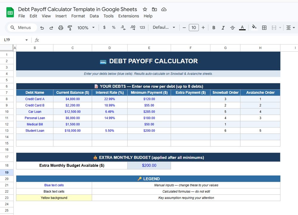 Debt Payoff Calculator Template in Google Sheets