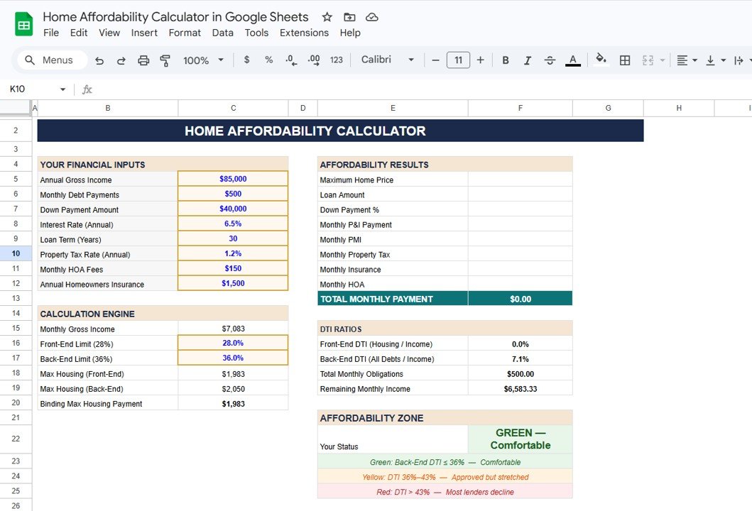Home Affordability Calculator in Google Sheets