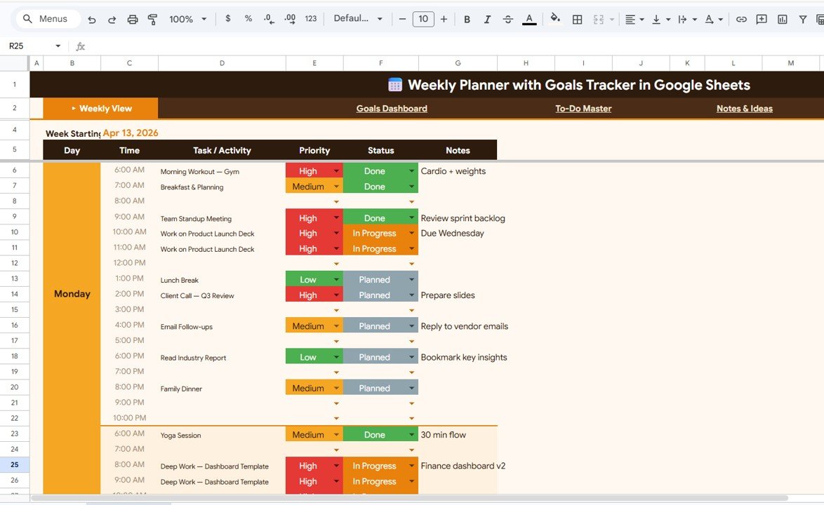 Weekly Planner with Goals Tracker in Google Sheets - Neotech Navigators