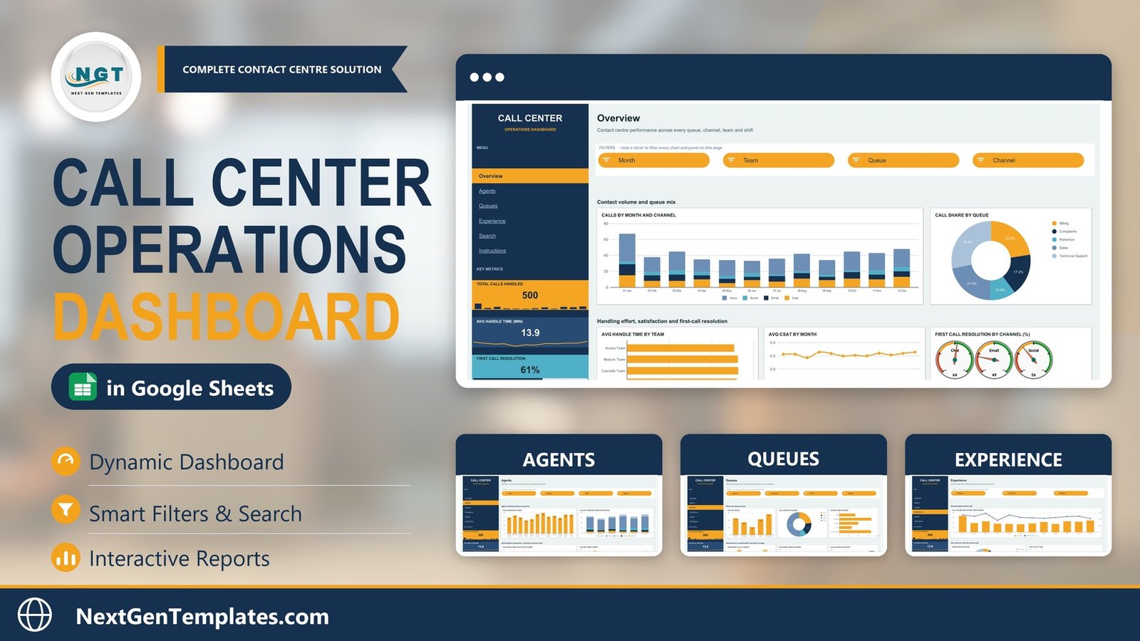 Call Center Operations Dashboard in Google Sheets - six-page contact centre analytics template