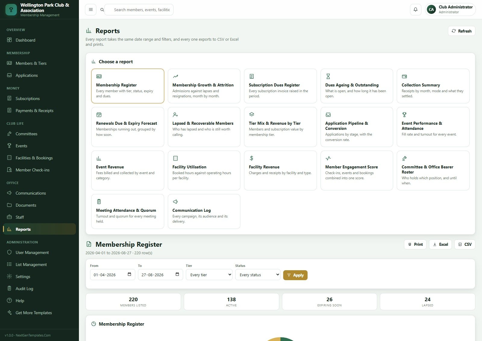Reports page listing all seventeen club reports with the Membership Register report open below