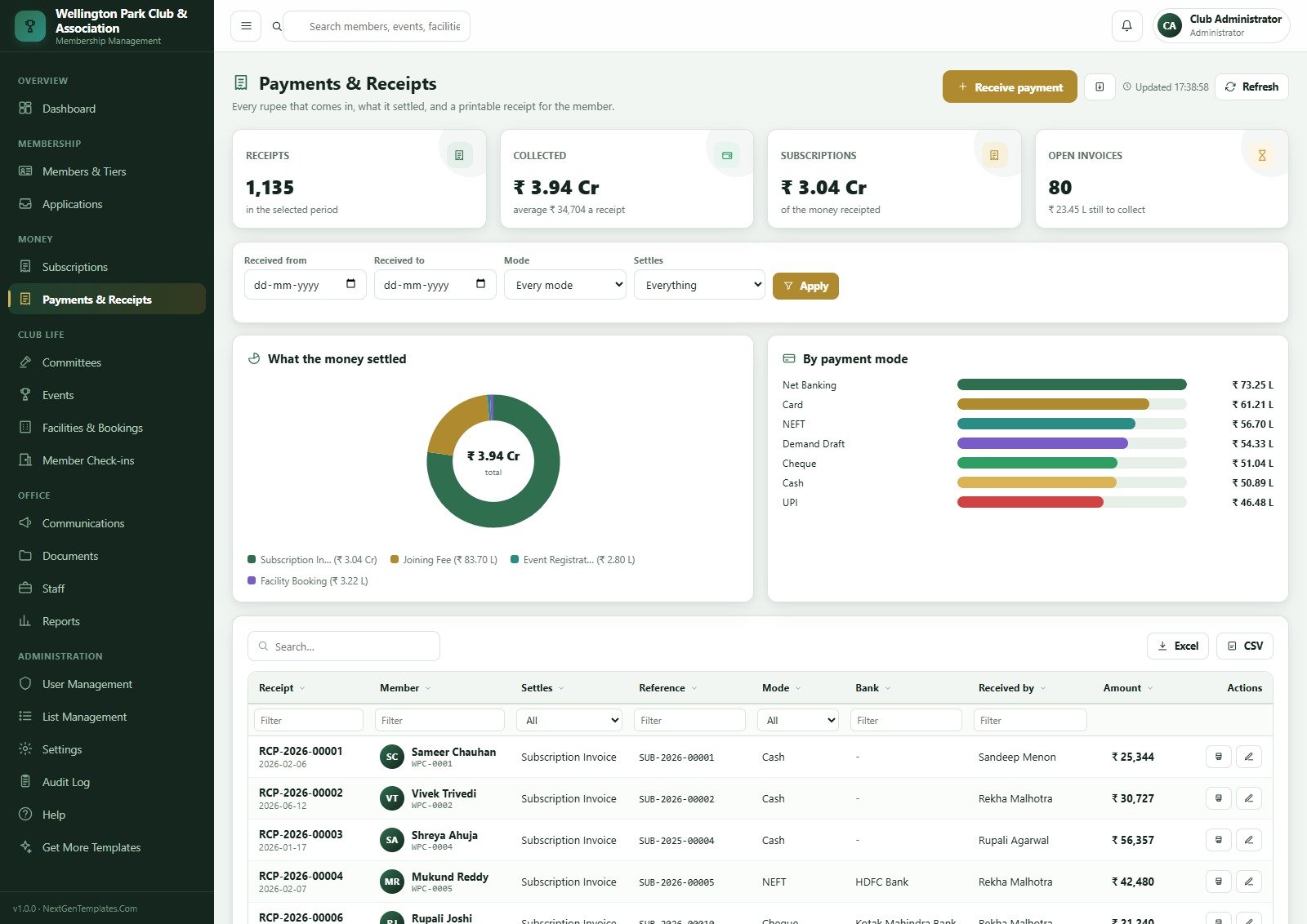 Payments and Receipts page with settlement donut, payment mode breakdown and the receipt register