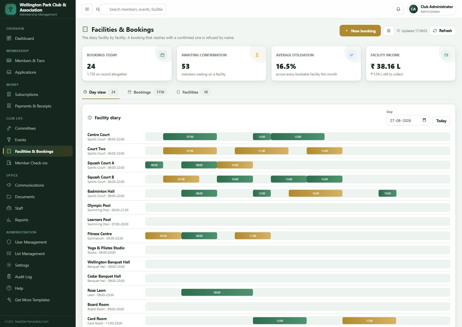 Facilities and Bookings day view diary showing courts, pools, halls and lawns with booked time blocks