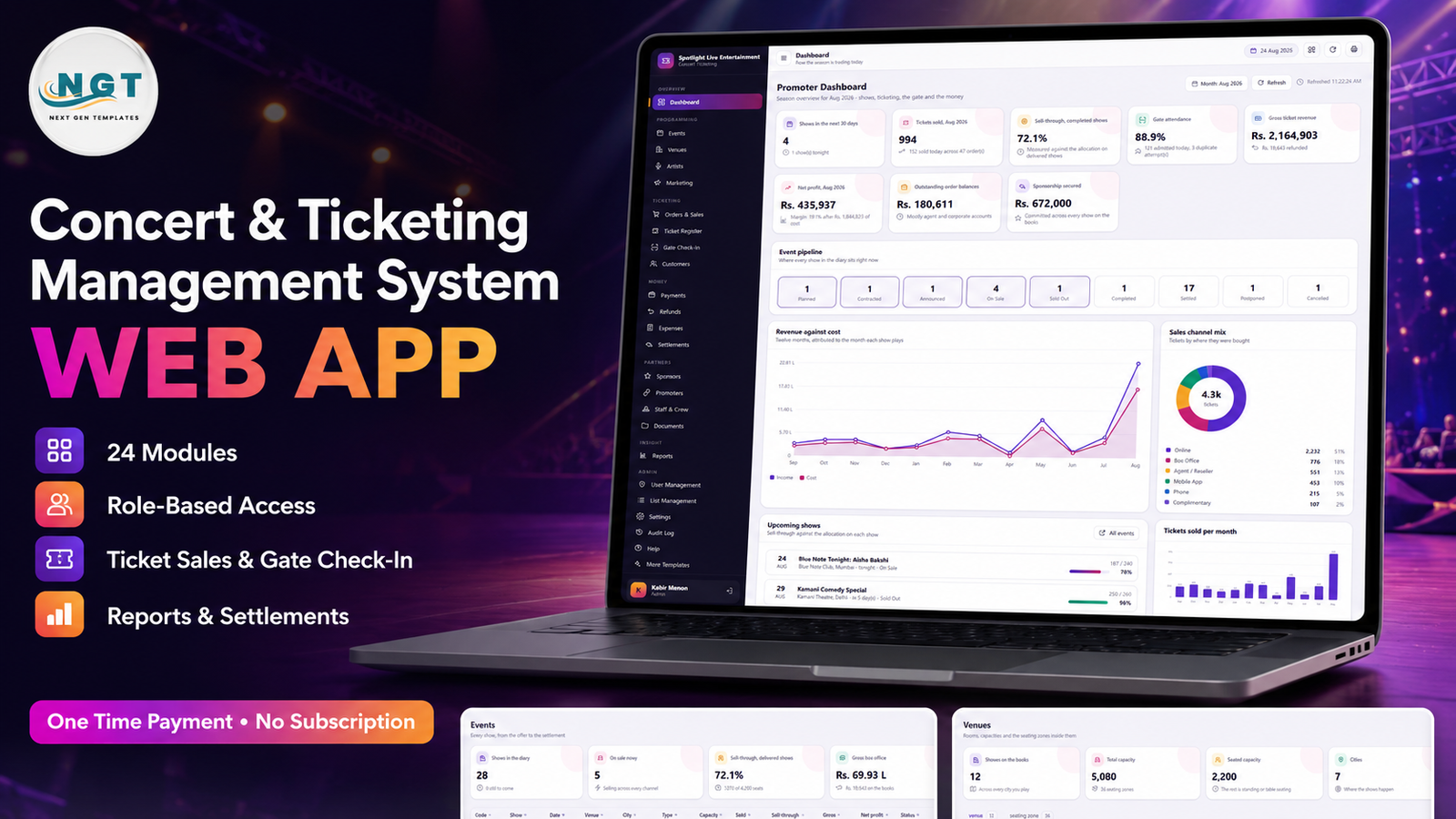 Concert & Ticketing Management System Web App - 24 modules, role-based access, ticket sales and gate check-in, reports and settlements