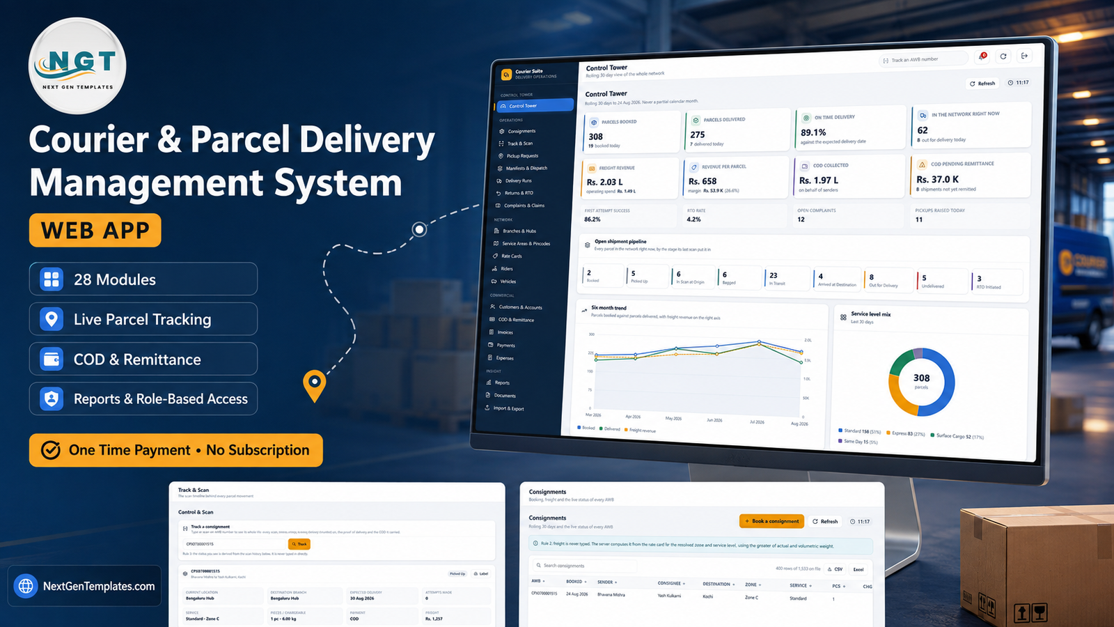 Courier & Parcel Delivery Management System Web App - Control Tower dashboard, Track & Scan and Consignments