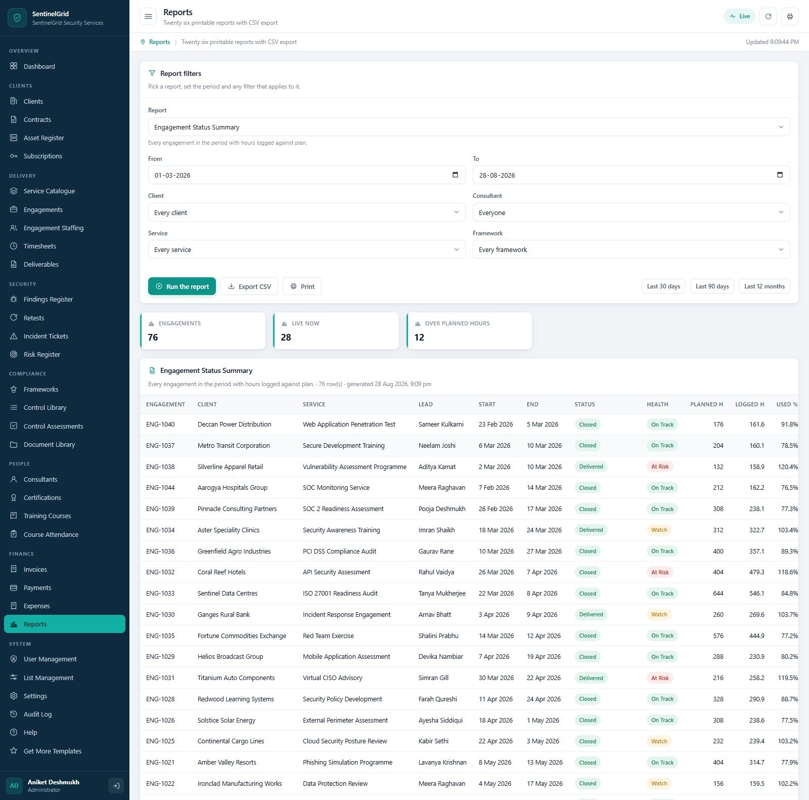 Reports screen with a report picker, date range, client, consultant, service and framework filters, and CSV export