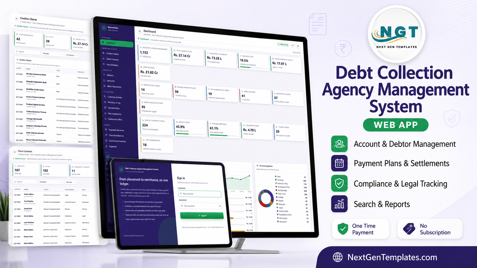 Debt Collection Agency Management System Web App dashboard, creditor clients and sign-in screens
