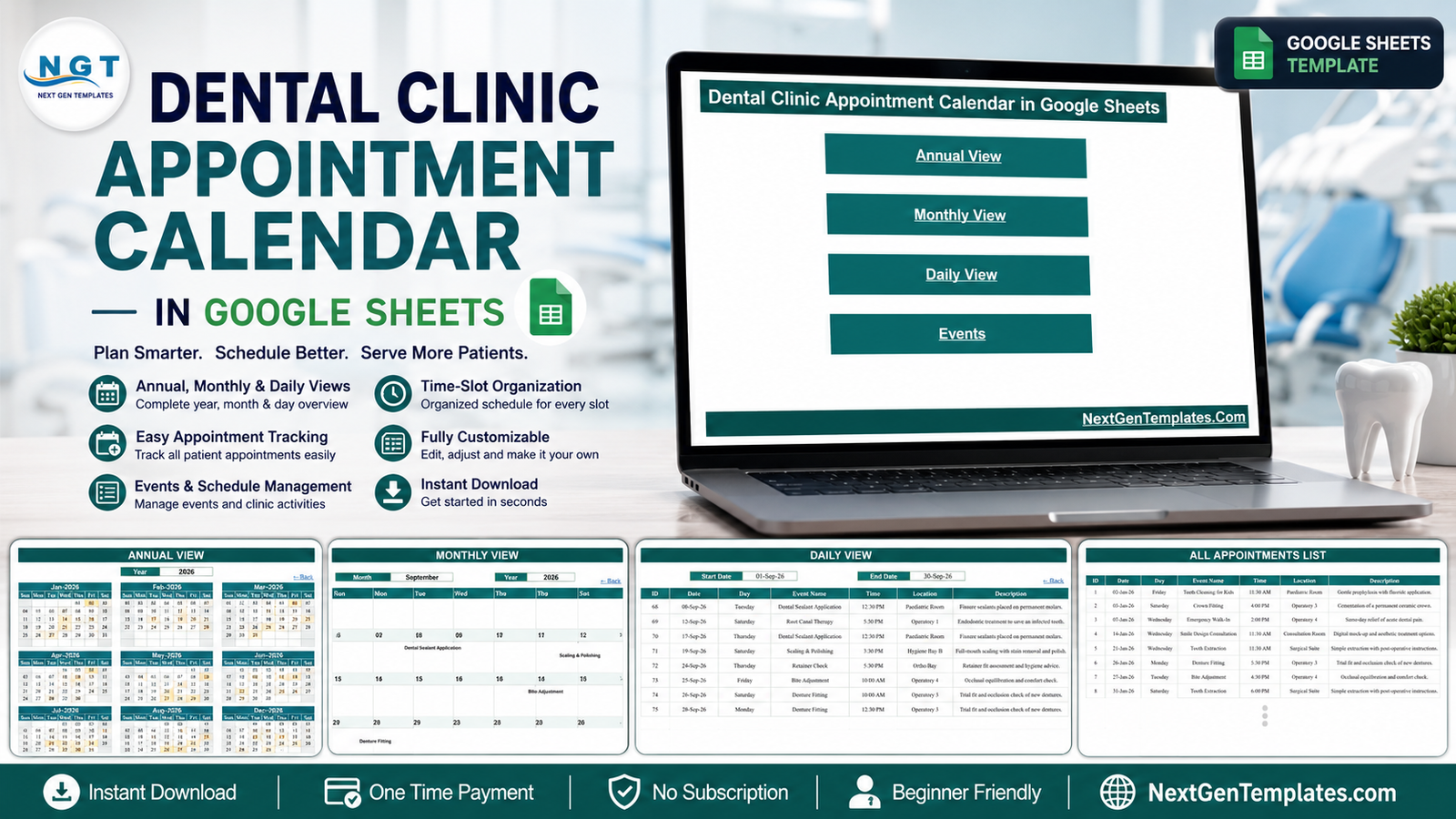 Dental Clinic Appointment Calendar in Google Sheets showing the home menu with Annual, Monthly and Daily views